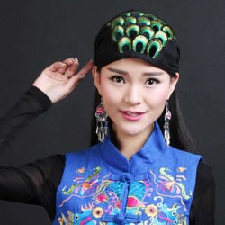 Women Cotton And Linen Embroidery Peacock Feather Headpiece Folk-Custom Hat