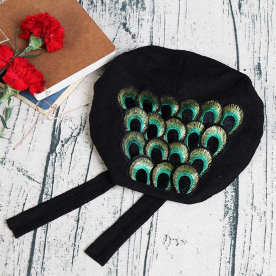 Women Cotton And Linen Embroidery Peacock Feather Headpiece Folk-Custom Hat