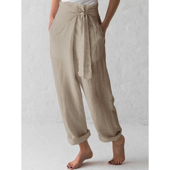 Women Cotton Belted High Waist Casual Wide Leg Harem Pants