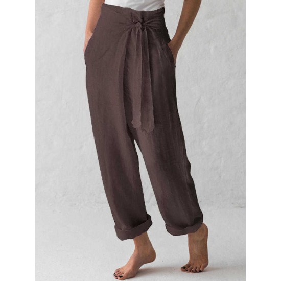 Women Cotton Belted High Waist Casual Wide Leg Harem Pants