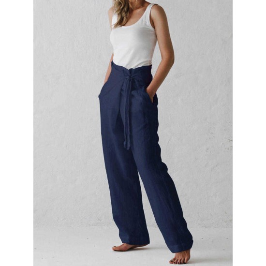 Women Cotton Belted High Waist Casual Wide Leg Harem Pants