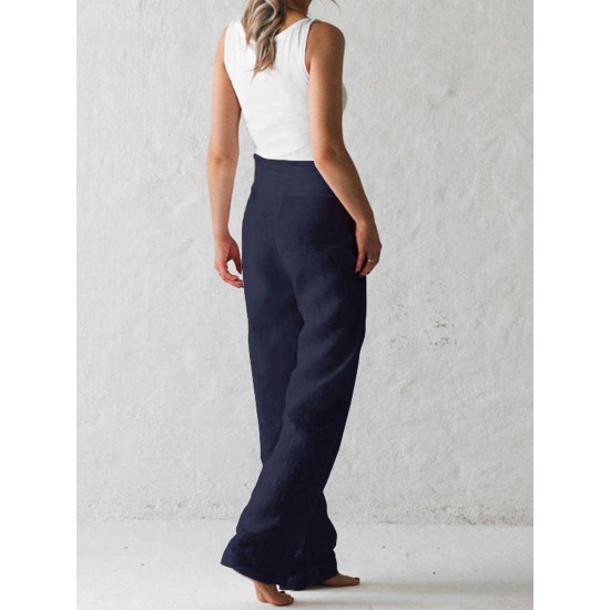 Women Cotton Belted High Waist Casual Wide Leg Harem Pants