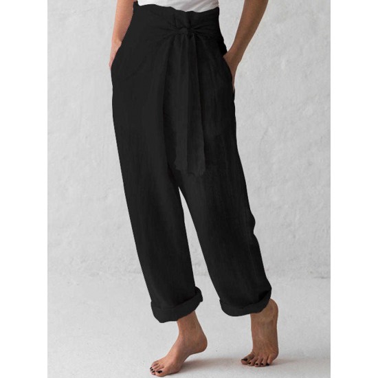 Women Cotton Belted High Waist Casual Wide Leg Harem Pants