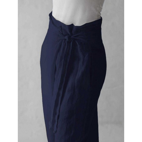 Women Cotton Belted High Waist Casual Wide Leg Harem Pants