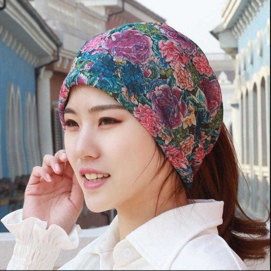 Women Cotton Breathable Thin Casual Beanie Cap Vintage Earmuffs Flexible Bonnet