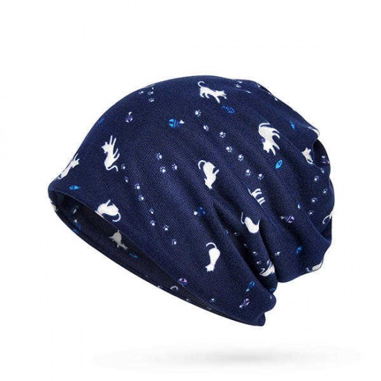 Women Cotton Cat Printing Beanie Hats Casual Outdoor Warm For Both Hats And Scarf Use