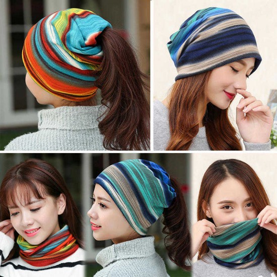 Women Cotton Colorful Multifunctional Beanie Hat Scarf Casual Windproof Double Layers Cap Collar