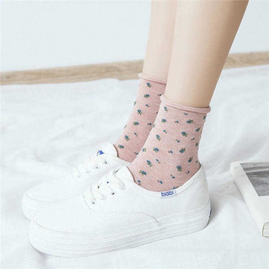 Women Cotton Curl Floral  Middle Tube Socks Soft Fashion Causal Warm Short Socks