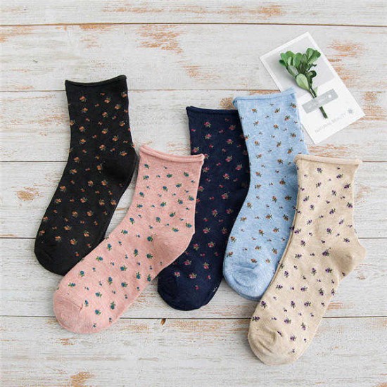 Women Cotton Curl Floral  Middle Tube Socks Soft Fashion Causal Warm Short Socks