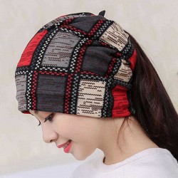 Women Cotton Ethnic Plaid Beanie Hat Vintage Good Elastic Warm Winter Turban Scarf Caps