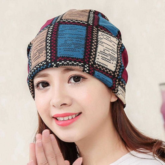 Women Cotton Ethnic Plaid Beanie Hat Vintage Good Elastic Warm Winter Turban Scarf Caps