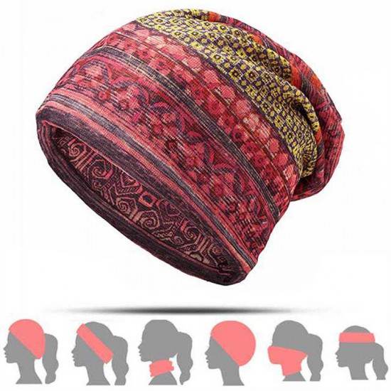 Women Cotton Ethnic Plaid Multifunctional Beanie Hat Scarf Vintage Good Elastic Turban Caps