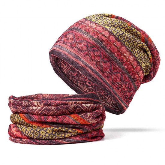 Women Cotton Ethnic Plaid Multifunctional Beanie Hat Scarf Vintage Good Elastic Turban Caps