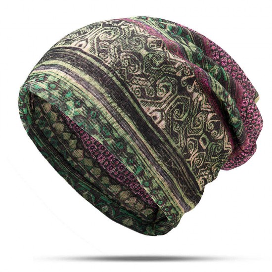 Women Cotton Ethnic Plaid Multifunctional Beanie Hat Scarf Vintage Good Elastic Turban Caps