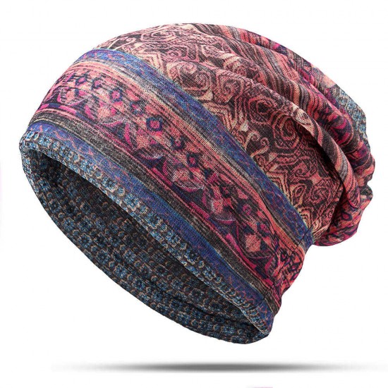 Women Cotton Ethnic Plaid Multifunctional Beanie Hat Scarf Vintage Good Elastic Turban Caps