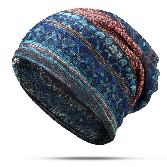 Women Cotton Ethnic Plaid Multifunctional Beanie Hat Scarf Vintage Good Elastic Turban Caps