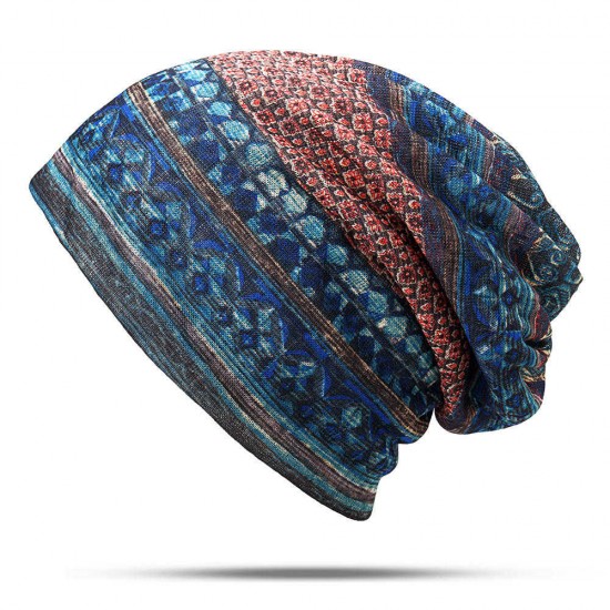 Women Cotton Ethnic Plaid Multifunctional Beanie Hat Scarf Vintage Good Elastic Turban Caps