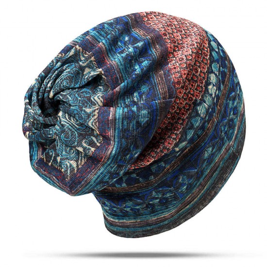 Women Cotton Ethnic Plaid Multifunctional Beanie Hat Scarf Vintage Good Elastic Turban Caps