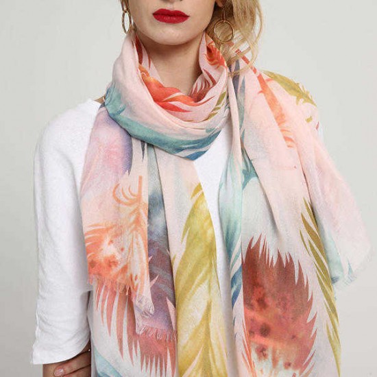 Women Cotton Feather Color Printing Scarf Unique Plus Size Breathable Shawl