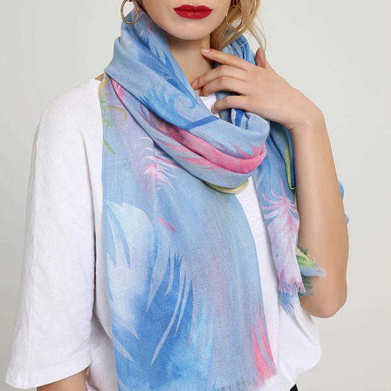 Women Cotton Feather Color Printing Scarf Unique Plus Size Breathable Shawl