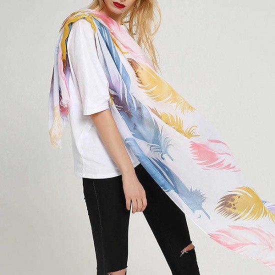 Women Cotton Feather Color Printing Scarf Unique Plus Size Breathable Shawl