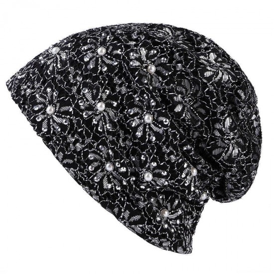 Women Cotton Hollow Out Rhinestone Bonnet Outdoor Slouchy Earmuffs Skull Cap Beanie