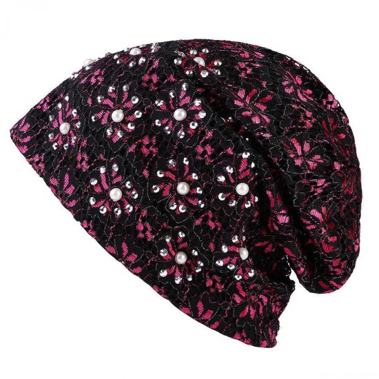 Women Cotton Hollow Out Rhinestone Bonnet Outdoor Slouchy Earmuffs Skull Cap Beanie