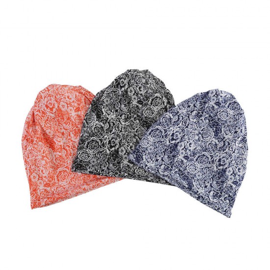 Women Cotton Multi-purpose Rose Pattern Printing Beanie Cap Bib Headscarf