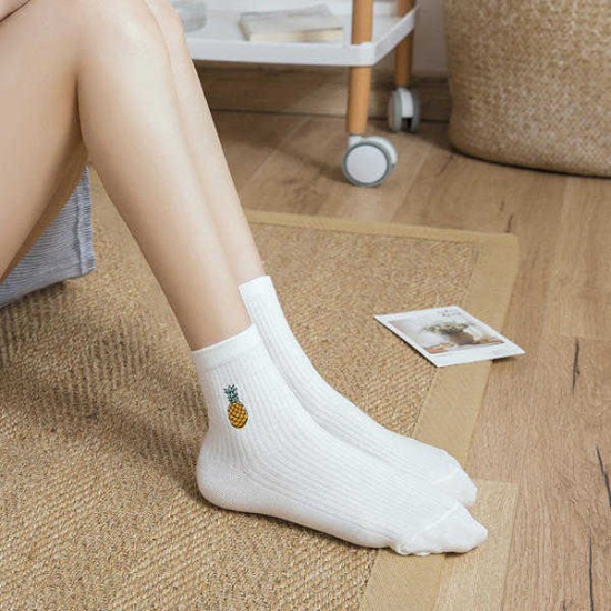 Women Cotton Pineapple Embroidery Middle Tube Socks Soft Breathable  Short Sports Socks