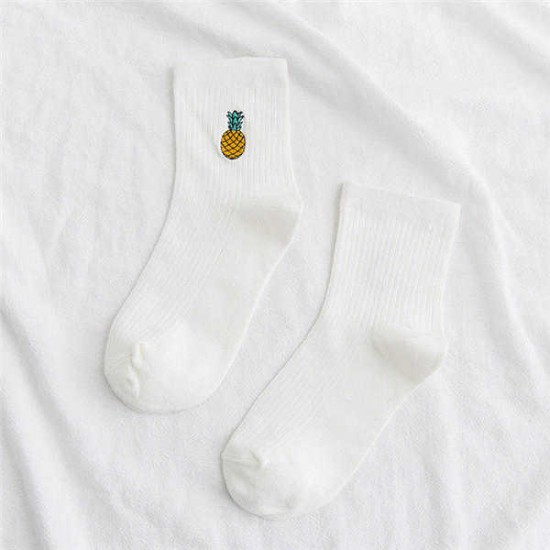 Women Cotton Pineapple Embroidery Middle Tube Socks Soft Breathable  Short Sports Socks