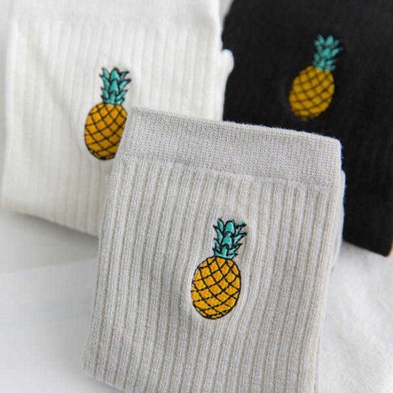 Women Cotton Pineapple Embroidery Middle Tube Socks Soft Breathable  Short Sports Socks