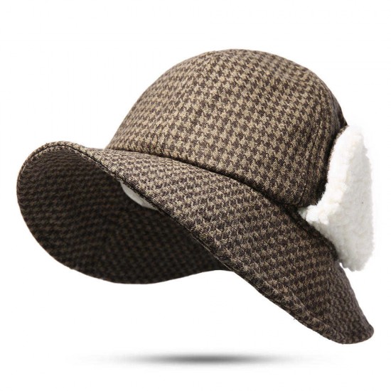 Women Cotton Plaid Wide Brimmed Earmuffs Bucket Cap Outdoor Winter Warm Fisherman Hat