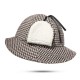 Women Cotton Plaid Wide Brimmed Earmuffs Bucket Cap Outdoor Winter Warm Fisherman Hat