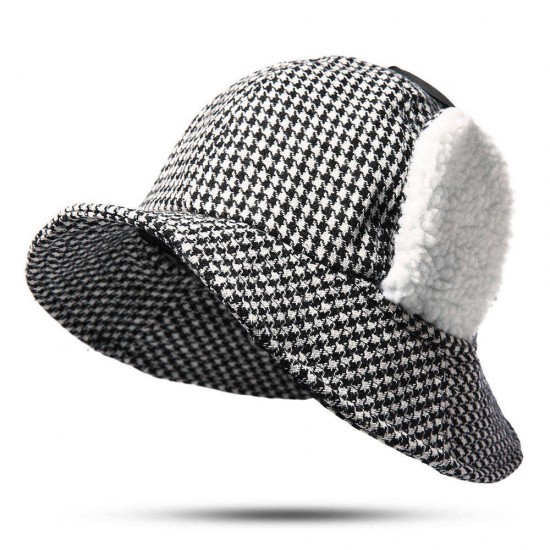 Women Cotton Plaid Wide Brimmed Earmuffs Bucket Cap Outdoor Winter Warm Fisherman Hat