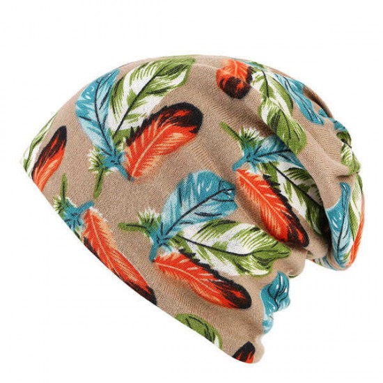 Women Cotton Print Dual Use Beanie Cap Causal Windproof  Collar Scarf