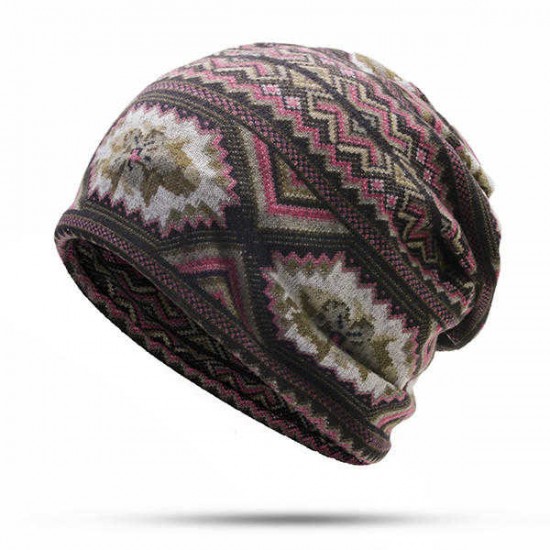 Women Cotton Windproof Multi-purpose Beanie Scarf Outdoor Striped Print Skullcap