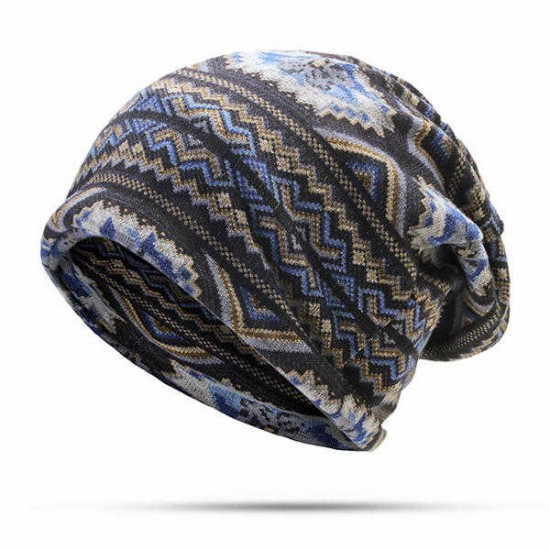 Women Cotton Windproof Multi-purpose Beanie Scarf Outdoor Striped Print Skullcap