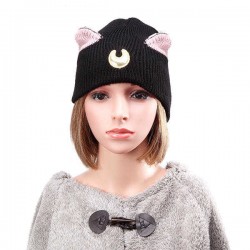 Women Crochet Knitting Beanie Hat Lovely Moon Embroidery Cat Ear Pattern Ski Warm Cap