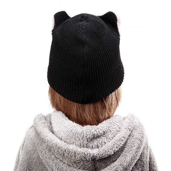 Women Crochet Knitting Beanie Hat Lovely Moon Embroidery Cat Ear Pattern Ski Warm Cap