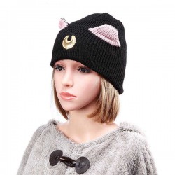 Women Crochet Knitting Beanie Hat Lovely Moon Embroidery Cat Ear Pattern Ski Warm Cap