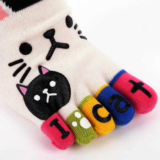 Women Cute Cartoon Cat Five Toes Socks Thick Warm Middle Tube Sock