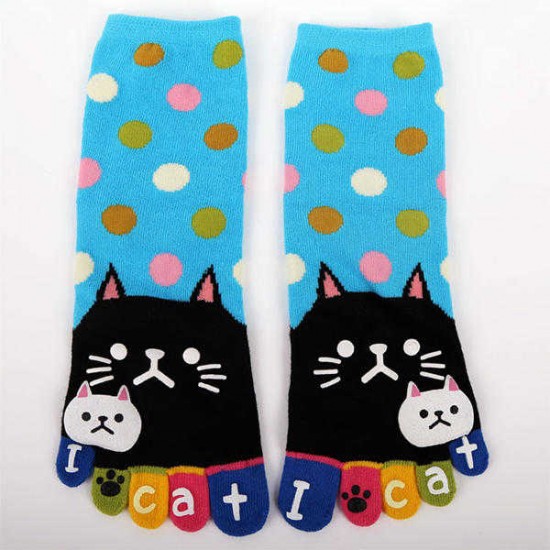 Women Cute Cartoon Cat Five Toes Socks Thick Warm Middle Tube Sock