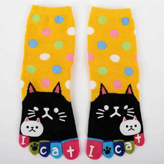 Women Cute Cartoon Cat Five Toes Socks Thick Warm Middle Tube Sock