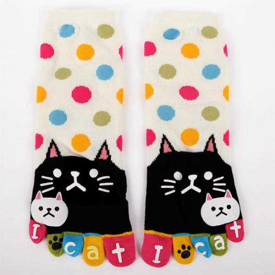 Women Cute Cartoon Cat Five Toes Socks Thick Warm Middle Tube Sock