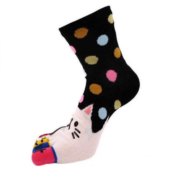 Women Cute Cartoon Cat Five Toes Socks Thick Warm Middle Tube Sock