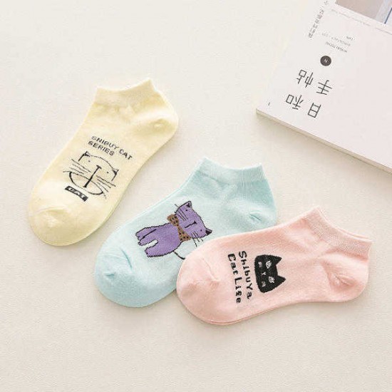 Women Cute Cartoon Cats Pattern Boat Socks Casual Harajuku Style Cotton Breathable Socks