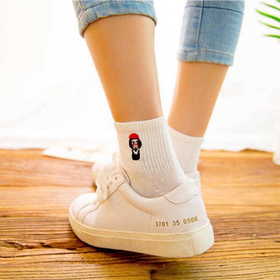 Women Cute Cartoon Embroidery Harajuku Style Socks Couple Casual Breathable Short Sock