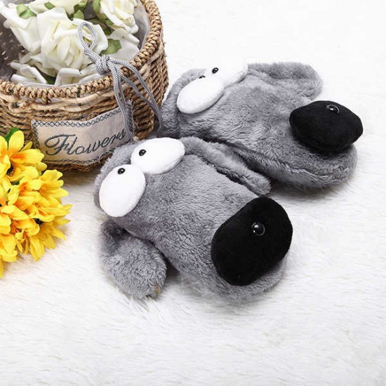 Women Cute Cartoon Gloves Big Eye Dog Winter Warm Novelty Plush Thick Wrist Mittens