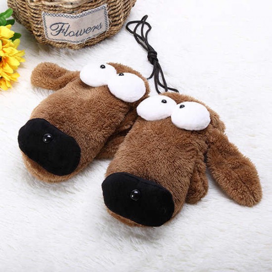 Women Cute Cartoon Gloves Big Eye Dog Winter Warm Novelty Plush Thick Wrist Mittens