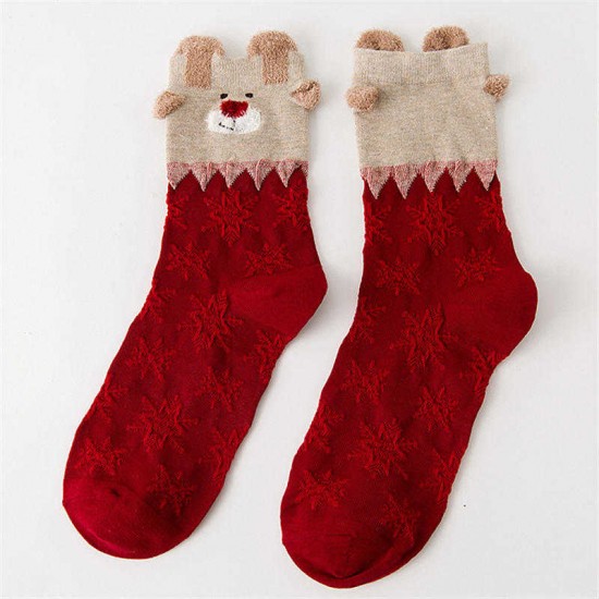 Women Cute Christmas Elk Cotton Socks Warm Soft Middle Tube Socks